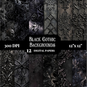 Schwarzes Gothic Digital Papier, dunkle ästhetische druckbare Hintergründe für Junk Journals Vintage Scrapbook Grunge Texturen zum Basteln, schwarze Rosen