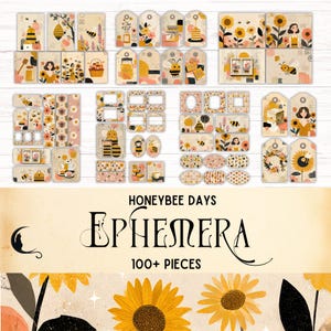 Honeybee Junk Journal Kit, druckbare Hummel Ephemera, Sonnenblumen Digital Scrapbooking Zubehör, süße Biene Basteln, Tags, Karten, Washi
