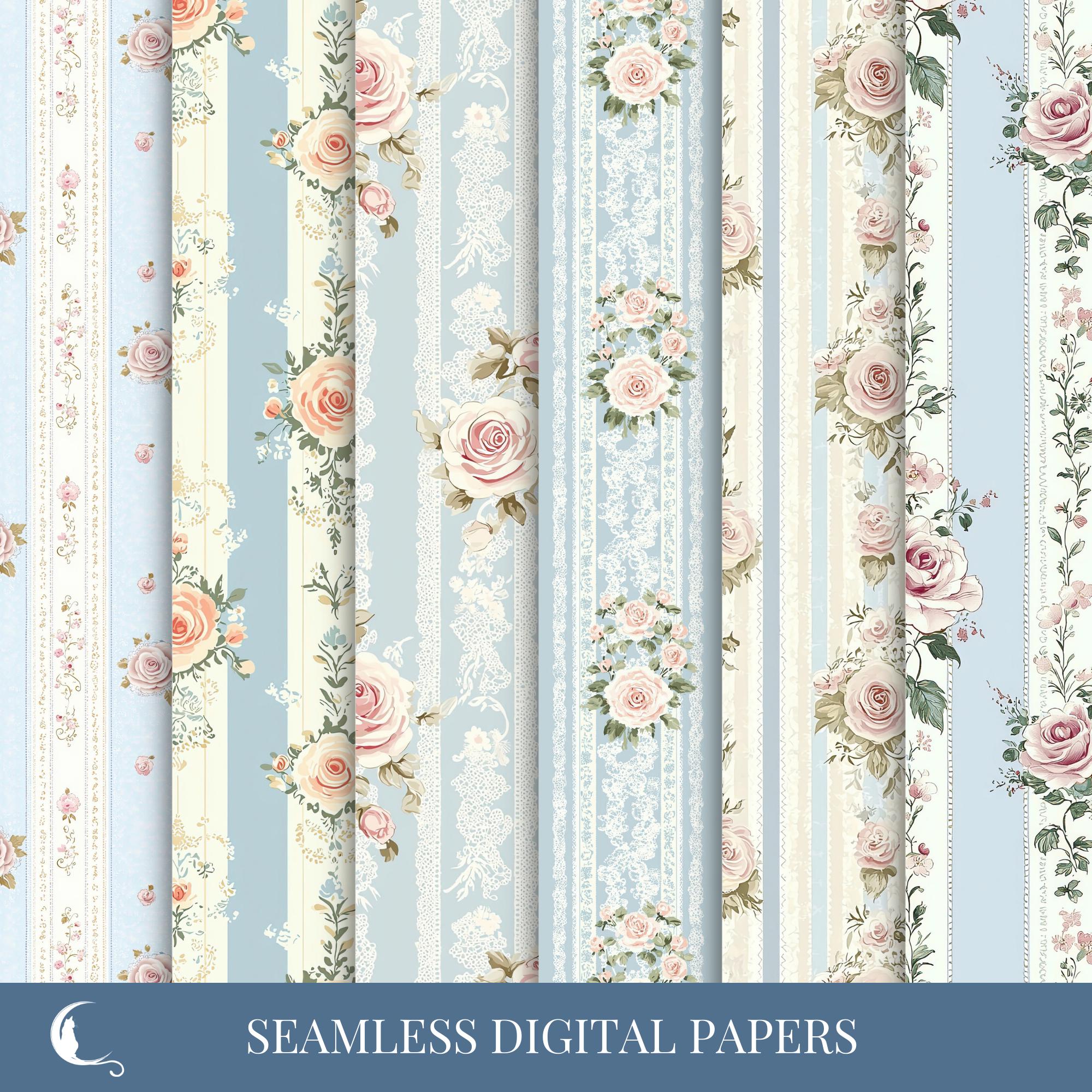 Vintage Floral Stripes Digital Paper Pack, Seamless Patterns for ...