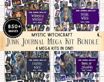 May include: A junk journal mega kit bundle featuring 850+ images across four distinct sets: Whimsical Witchery, Mystic Witch, Celestial Witch, and Book of Shadows. The collection includes various printed cards, tags, and illustrations with dark, magical themes.