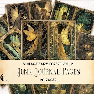 Vintage fée forêt indésirable journal, papier numérique Art nouveau enchanté imprimables éphémères, scrapbooking fantastique jardin magique au clair de lune bois