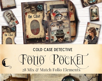 May include: A collection of detective-themed paper ephemera including a folder labeled the Clue with a fingerprint, various cards, tags, and documents featuring magnifying glasses, a fedora-wearing person, and the text COLD CASE DETECTIVE FOLIO POCKET.