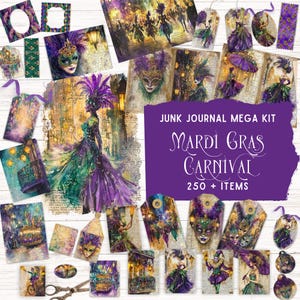 May include: A selection of Mardi Gras-themed ephemera, including tags, journal pages, and decorative elements. The designs feature masked figures, ornate masks, and a colour palette of purple, green, and gold. The text "Junk Journal Mega Kit" and "Mardi Gras Carnival" are visible.
