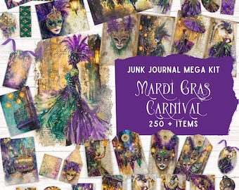 May include: A collection of Mardi Gras-themed ephemera, including tags, journal pages, and decorative elements. The designs feature masked figures, ornate masks, and a color palette of purple, green, and gold. The text "Junk Journal Mega Kit" and "Mardi Gras Carnival" are visible.