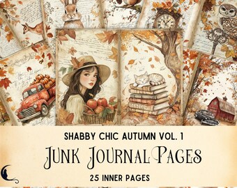 Shabby Chic Autumn Junk Journal Kit, Cottagecore Printable Pages, Rustic Fall Cottage Digital Scrapbook Paper