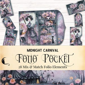 May include: A collection of paper craft elements titled MIDNIGHT CARNIVAL FOLIO POCKET 28 Mix & Match Folio Elements. The set features illustrations of characters, a carousel, a black cat, and carnival tents in shades of purple, pink, and black.