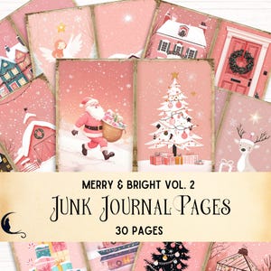 Merry & Bright Whimsical Christmas Junk Journal Kit, Rosa Pastell Urlaub Ephemera, festliches Scrapbook Papier, Vintage Bastelbedarf zum Ausdrucken