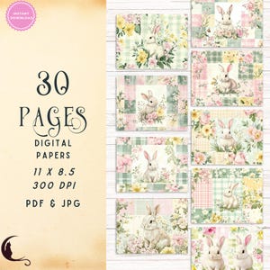 May include: A set of 30 digital papers featuring a patchwork design with bunnies and flowers. The papers are 11 inches by 8.5 inches and 300 DPI. They are available in PDF and JPG formats.