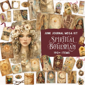 Kit de diario espiritual bohemio, kit de folio imprimible hippie místico, efímera bohemia gitana, libro de recortes de papel digital de adivinación Grimoire