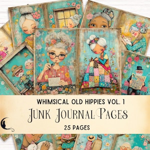Kit de journal indésirable fantaisiste vieux hippies, papier numérique mignon couple de personnes âgées, grand-mère de dessin animé rétro vintage coloré, vieille dame décalée, grand-père