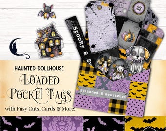 Haunted Dollhouse Loaded Pocket Tag, Printable Junk Journal Ephemera, Whimsical Halloween Fussy Cuts for Scrapbooking, Paper Embellishments