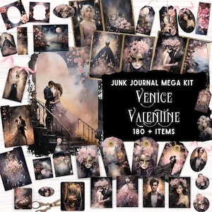 Venice Valentine Junk Journal Kit, afdrukbare foliokit, kortstondig maskerademasker, vintage romantische zwarte en roze bloemen aquarel plakboek