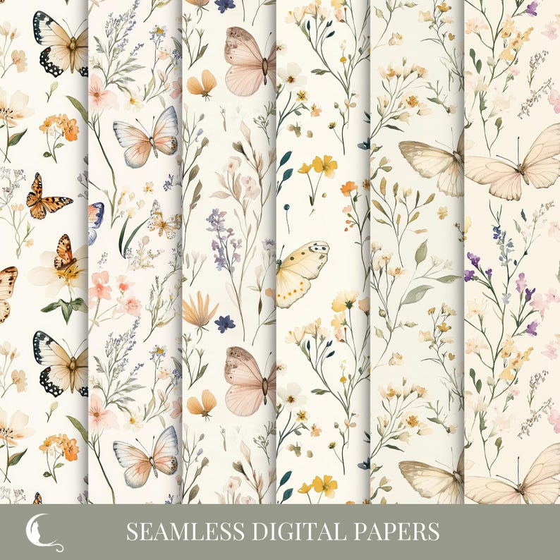 Butterfly & Wildflowers Seamless Patterns, Watercolor Digital Paper ...