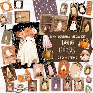 Boho Ghosts Junk Journal Kit, nyckfullt stugfärgat Halloween digitalt pappersephemera, kusliga scrapbookingtillbehör, utskrivbar folioficka