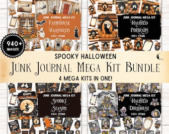 May include: A digital junk journal mega kit bundle featuring 940+ Halloween-themed images across four kits: Farmhouse Halloween, Haunted Portraits, Spooky Season, and Haunted Dollhouse. The collection includes various tags, cards, and illustrations in orange, black, and purple tones.