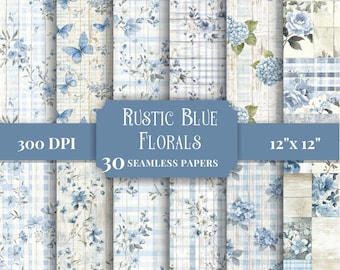 Nahtlose rustikale blaue Blumenmuster Gingham Holz Vintage digitale Papier Französisch Landhaus Shabby Chic druckbare Scrapbooking Hintergründe
