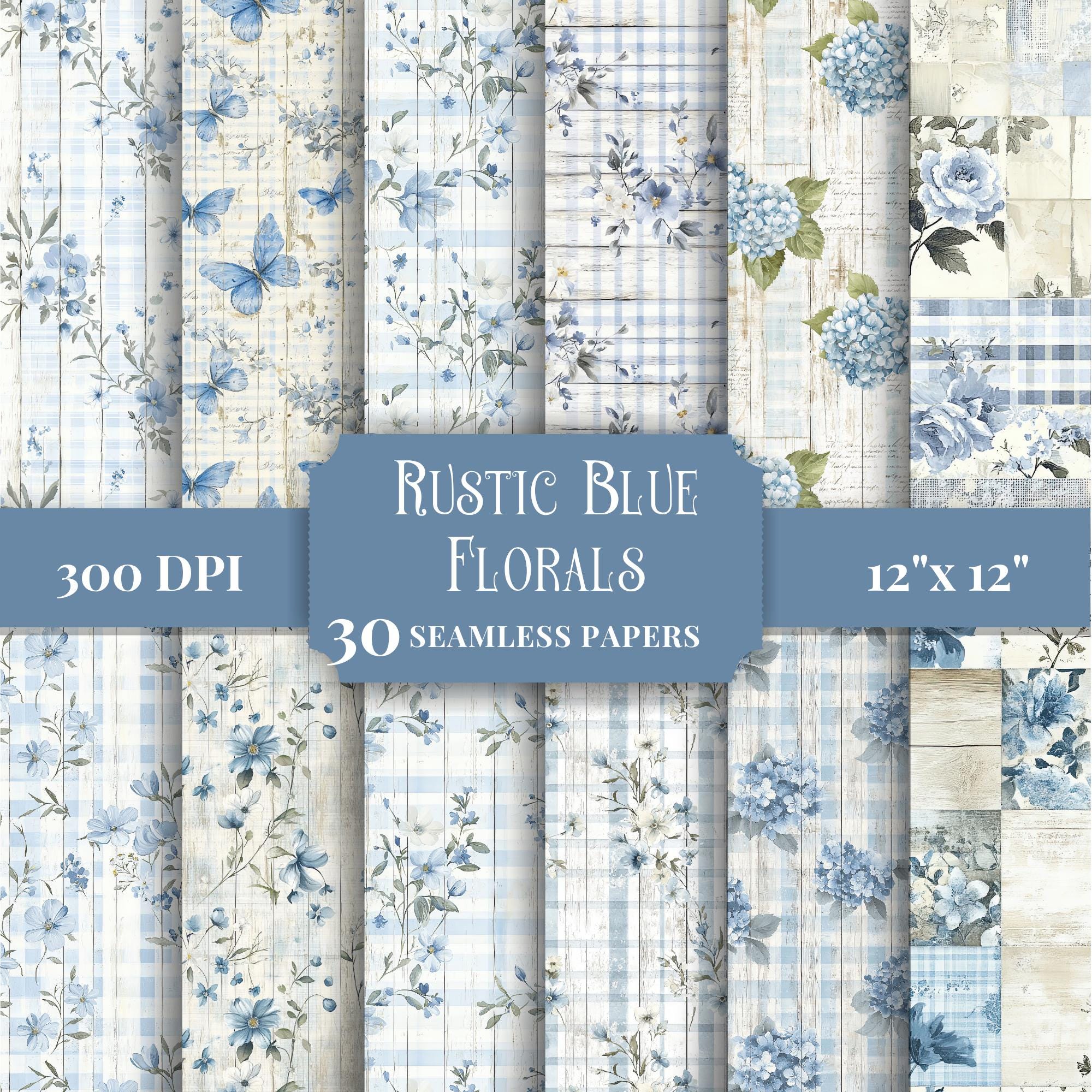 Seamless Rustic Blue Floral Pattern Gingham Wood Vintage Digital Paper ...