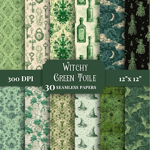 Pacote de papel digital Toile de Jouy verde bruxa, padrões de ervas vintage góticos de boticário, fundos sem costura para scrapbooking, materiais para artesanato