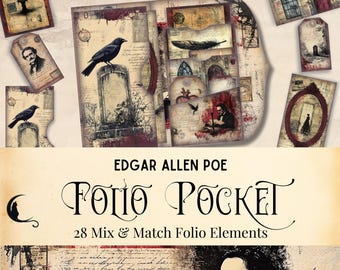 Puede incluir: Un conjunto de 28 elementos de papel digital imprimibles de estilo vintage con un tema gótico con cuervos, velas y texto escrito a mano. El texto "Edgar Allen Poe Folio Pocket" aparece en el centro de la imagen.