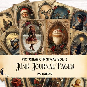 Elegant Victoriaans kerstafvaldagboek, vintage ephemera, feestelijke benodigdheden voor scrapbooking, benodigdheden voor vakanties, digitaal winterpapier