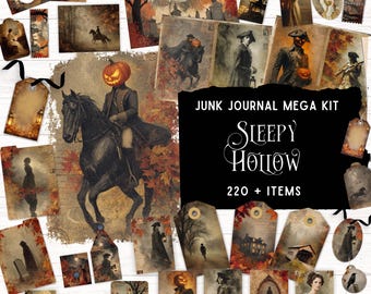 Sleepy Hollow skräpjournalkit, utskrivbar folioficka, spökskogs-ephemera, läskigt höstklippbokspapper, vintage gotiska hantverksmaterial