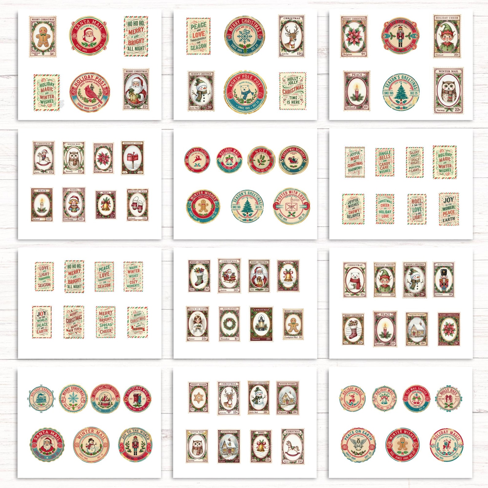 Christmas Stamp Ephemera Kit, Printable Vintage Holiday Stamps for Junk