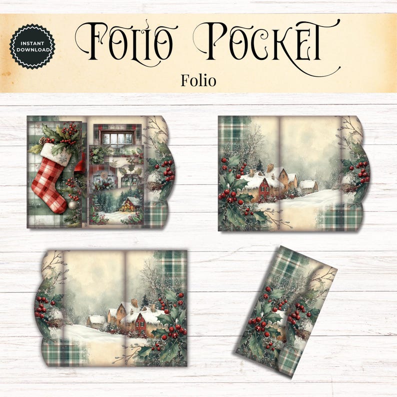 Rustic Cottage Plaid Christmas Junk Journal Folio Kit, Printable Pocket ...