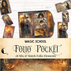 Kit de diario basura de la Escuela de Magia, material efímero mágico, bolsillo plegable imprimible, suministros para álbumes de recortes de fantasía, brujas, magia