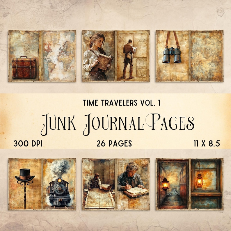 May include: A collection of Time Travelers Vol. 1 junk journal pages featuring 26 sheets at 300 DPI and 11 x 8.5 inches. The designs include vintage maps, a suitcase, binoculars, a steam train, lanterns, a top hat, and illustrations of people reading or writing.