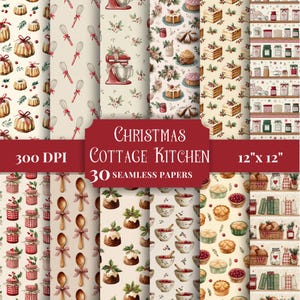 May include: A collection of 30 seamless Christmas Cottage Kitchen papers, 12" x 12", featuring various patterns. Designs include cakes, whisks, mixers, jars, wooden spoons, pies, and bowls of berries. The papers are in a warm color palette with a vintage aesthetic.