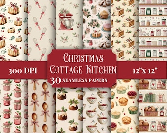 May include: A digital collection of 30 seamless papers titled Christmas Cottage Kitchen, 300 DPI, 12 inches by 12 inches. The patterns feature illustrations of bundt cakes, whisks, red stand mixers, puddings, jars, spoons, and pies.