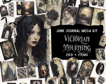 Victorian Widow Junk Journal Kit, Printable Digital Scrapbook, DIY Folding Folio Pocket, Vintage Gothic Ephemera, Black Roses Dark Romance