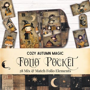 Cozy Autumn Magic Junk Journal Folio Pocket Kit, Printable Halloween Ephemera, Cute Vintage Rustic Fall Scrapbook Cottagecore Craft Supplies