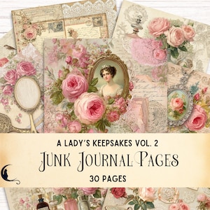 Könnte beinhalten: Eine Sammlung von Junk-Journal-Seiten im Vintage-Stil mit romantischem Thema. Die Seiten zeigen florale Designs, antike Porträts und dekorative Elemente in zarten Rosa-, Creme- und Beigetönen. Der Text auf dem Bild lautet "A Lady's Keepsakes Vol. 2" und "Junk Journal Pages, 30 Pages."