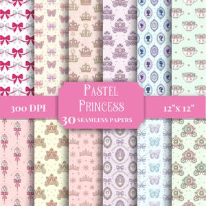 May include: A collection of 30 seamless papers with a pastel princess theme. The papers feature patterns of bows, crowns, carriages, cameos, and teacups. The image includes the text "Pastel Princess" and "12" x 12"" on a pink banner.