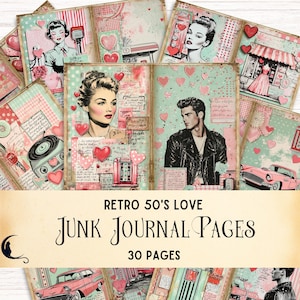Kit de diário de lixo de amor retrô dos anos 1950, carros antigos clássicos, álbum de recortes de dia dos namorados, colagem de anúncios americanos em papel digital de posto de gasolina retrô, guingão