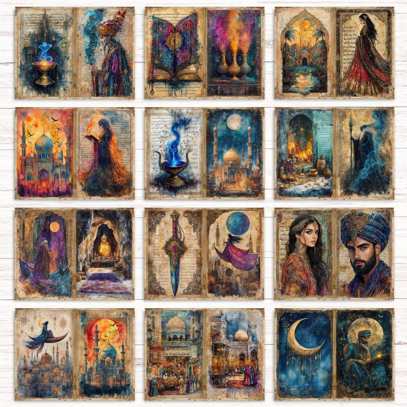 May include: A collection of twelve rectangular art prints featuring fantasy illustrations of figures, architecture, and magical objects. Each print displays a unique scene with vibrant colors, including deep blues, warm oranges, and gold, set against aged, parchment-like backgrounds with script.