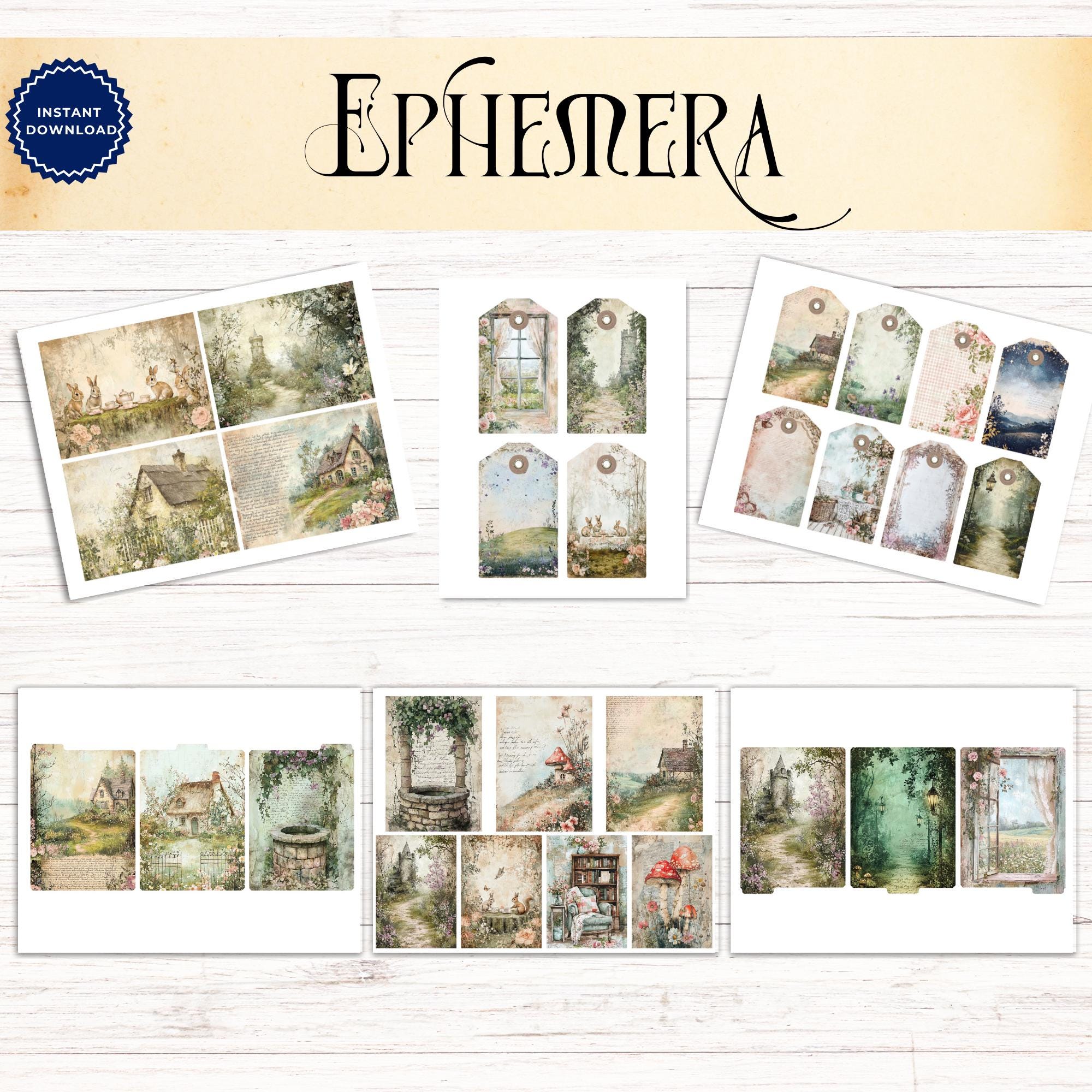 Cottagecore Junk Journal Ephemera Kit, Printable Classic Fairytale Tags ...