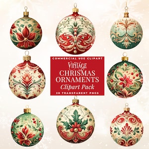 Vintage Christmas Ornament Clipart, Christmas Ball PNG, Instant Download, Red and Green Christmas Baubles, Digital Christmas Ornaments