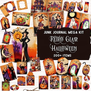 Retro Glam Halloween Junk Journal Kit, Printable Folio Pocket, Vintage 1950&#39;s Pin-up Witch Ephemera, Spooky Scrapbook Paper Craft Supplies