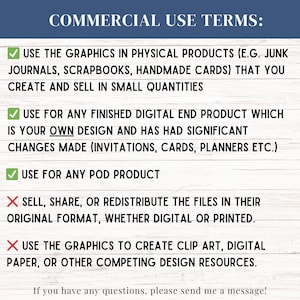 May include: A digital document titled COMMERCIAL USE TERMS with a white wood grain background. It lists three green checkmark permissions for physical and digital products and two red X prohibitions regarding file redistribution and competing resources.