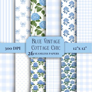 Vintage bleu transparent Cottage Chic papier numérique imprimable hortensias Scrapbooking motif Pastel Vichy arrière-plans à carreaux rayures pois