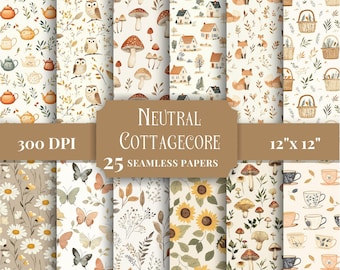 Seamless Neutral Cottagecore Digital Paper, Printable Patterns for Scrapbooking, Junk Journals Crafting and DIY Projects Commercial Use JPGs