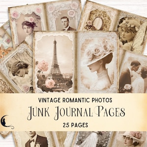 Romantique victorienne vintage photographie Junk Journal Pages, photos anciennes imprimables, portrait de mode vintage, éphémères de scrapbooking numérique