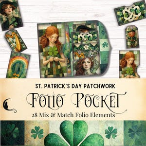 Könnte beinhalten: Ein Set mit 28 digitalen Scrapbooking-Papieren mit einem Patchwork-Thema zum Thema St. Patrick's Day. Die Elemente beinhalten Bilder von Kleeblättern, Regenbögen und Kobolden. Der Text "Folio Pocket" ist auf dem Bild zu sehen.