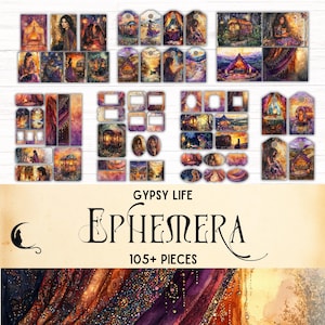 Kit de efímeras para diario basura gitano, etiquetas de efímeras bohemias imprimibles, suministros para álbumes de recortes digitales hippies y bohemios, manualidades con papel de adivina