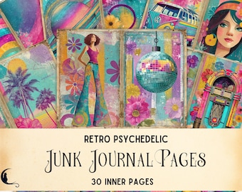 Retro Psychedelic Junk Journal Kit, Printable Boho Hippie Scrapbook Paper, Colorful Groovy Ephemera, Unique Vintage DIY Craft Supplies