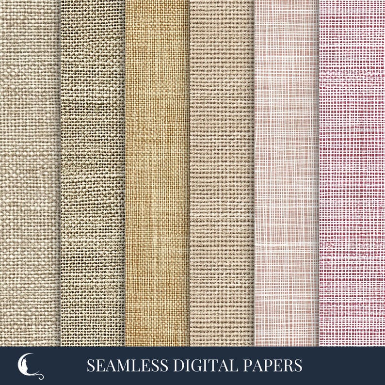 May include: A collection of six seamless digital paper textures in various neutral tones. The textures include woven and cross-hatched patterns in shades of beige, tan, and off-white, with a touch of pink and burgundy. The text "SEAMLESS DIGITAL PAPERS" is at the bottom.