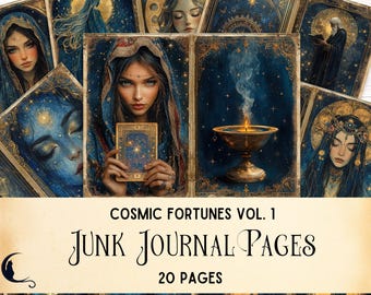 May include: A collection of twenty junk journal pages titled Cosmic Fortunes Vol. 1, featuring dark blue celestial illustrations of figures, tarot cards, and a smoking chalice with gold accents, all set against a starry night sky background.