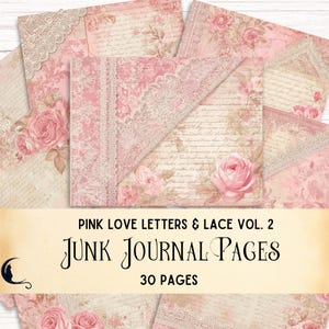 Papel digital con cartas de amor antiguas y encaje, efímeras vintage para diarios basura, fondos imprimibles para álbumes de recortes, páginas de relleno con flores rosas románticas.